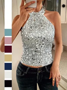 Halter Pailletten Tank Top Ärmellos Rückenfrei Glänzend Party Clubwear Elegant Slim Fit Für Damen