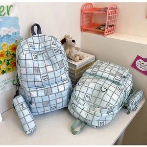 Set of light blue plaid school backpacks with rabbit patterns and matching pencil cases