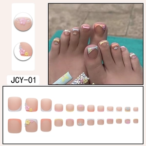 Pastel macaron floral press-on toenails with rhinestones and matte finish 24pcs set