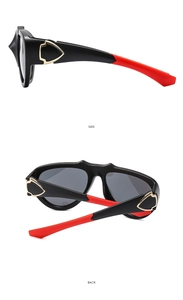 Side and back view of sports sunglasses with black red frame and gold triangle accents