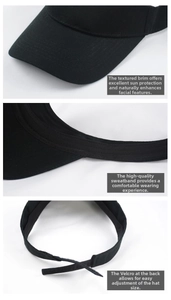Close-up of black sun visor with curved brim, sweatband, and adjustable velcro strap