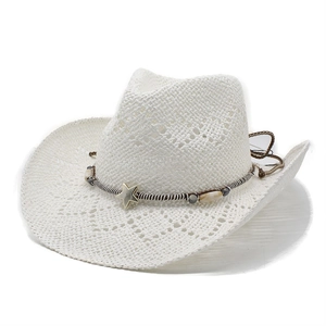 White woven hollow-out western cowboy straw hat with ethnic star and shell bead trim