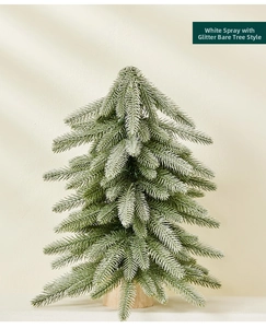 Detail of 40cm mini snowy Christmas tree with white glitter and natural wood base