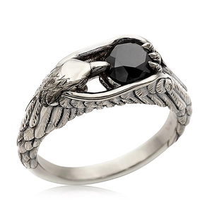 Vintage eagle ring for men with black gemstone and retro silver oxidation finish