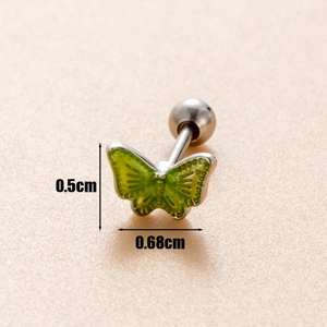 Green oil-dripping butterfly titanium steel ear stud measuring 0.5cm by 0.68cm