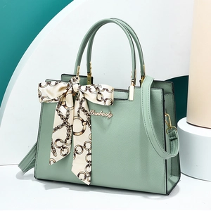 Women Elegant PU Leather Handbag Litchi Texture Scarf Decor Top Handle Tote Large Capacity Office Commute Bag