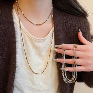 Tiger Eye Imitation Artificial Pearl Beaded Necklace For Women Retro Long Stainless Steel Copper Glass Chain Jewelry Elegant Sweater Accessory