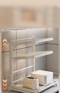 Kitchen organizer shelf with adjustable height tiers and sliding pull-out metal frame