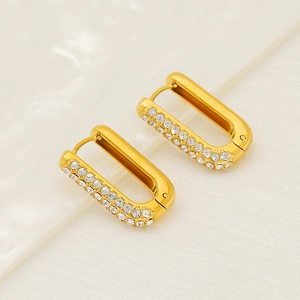 Minimalist 18K gold plated rectangular hoop earrings with double row crystal inlay