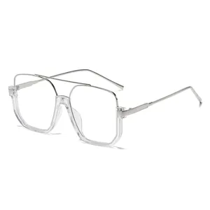 Fashionable oversized double bridge aviator sunglasses with transparent frame and metal temples
