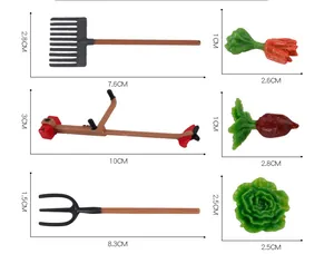 Detailed size chart for miniature farm tools and vegetables showing exact dimensions