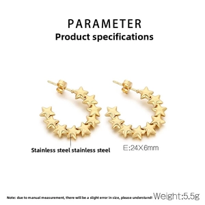 Detailed specs of gold star C-shaped stainless steel earrings measuring 24x6mm