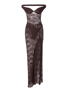 Deep brown off-shoulder lace maxi dress with ruched detail for elegant evening party wear