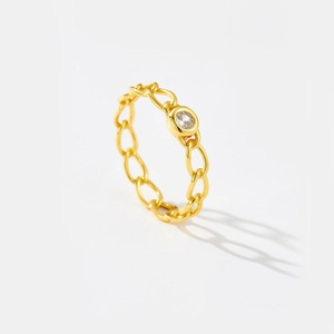 S925 sterling silver hollow chain ring in gold with a sparkling round zircon stone