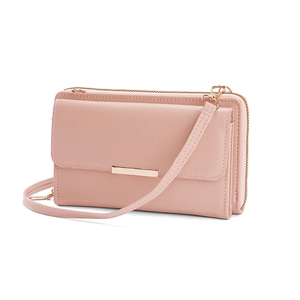 Pink minimalist crossbody phone wallet with double zippers and adjustable strap