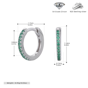 Detailed size specifications of S925 sterling silver hoop earrings with green zircon stones