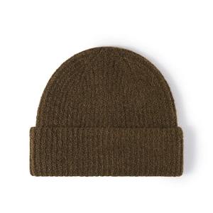 Thick knitted wool beanie in dark brown with ribbed texture and wide cuffed brim