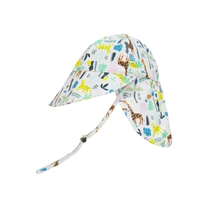 Close-up of children sun hat with neck protection flap and colorful giraffe print