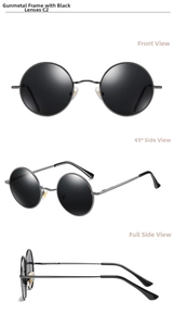Three-angle view of vintage round sunglasses in gunmetal frame and dark gray lenses