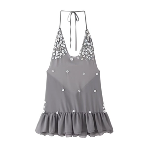 Robe Courte Décontractée pour Femmes Dos Nu Licou Gris Sans Manches avec Volants Robe Décorée de Boutons en Coquille Style Vacances Été Robe Ligne A