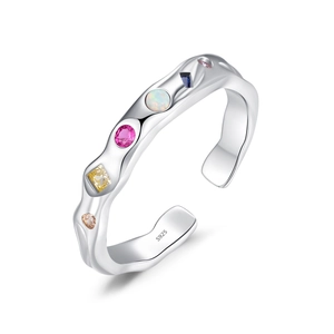 Irregular S925 sterling silver open ring with colorful zircon stones on white background