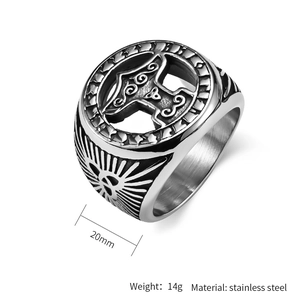 Macro detail of Nordic Viking Thor's hammer steel ring showing 20mm size and 14g weight
