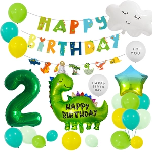 Dinosaur 2nd birthday party set with green number 2 balloon and cartoon banner