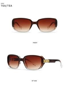 Front and 45-degree side view of vintage square aviator sunglasses with tea gradient lenses