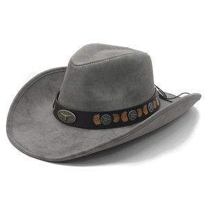 Grey suede western cowboy hat with bull head buckle and star studs on black band