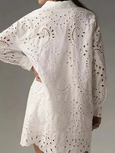 White eyelet embroidered shirt dress with back paisley patterns and buckle collar