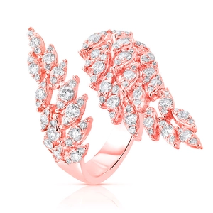 Elegant rose gold angel feather open ring with sparkling cubic zirconia pavé stones