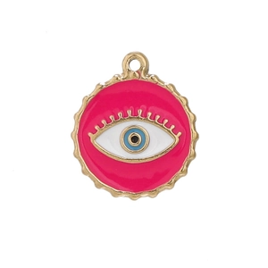 Macro shot of evil eye pendant with fuchsia enamel and sparkling zircon inlay