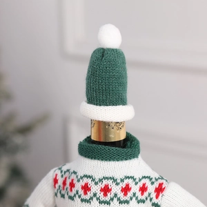 Knitted Christmas wine bottle cover set with green hat and snowflake pattern sweater