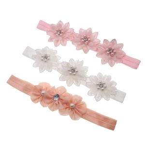 Three-piece baby elastic headbands with chiffon flowers, rhinestones and pearls