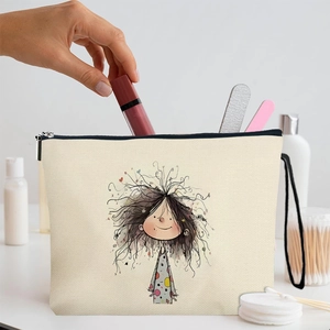 Trousse à maquillage beige en toile avec motif fille cartoon et fermeture éclair