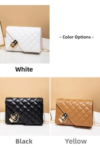 Quilted crossbody bag collection in white, black and yellow with gold metal chain