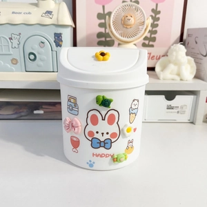 Cute white mini desktop trash can with cartoon bunny stickers and 3D floral decorations