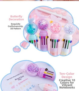 Detailed view of butterfly decorative 10-color shuttle pen with colorful ink swatches