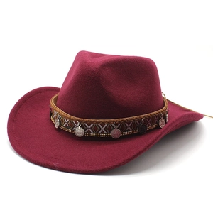 Western Cowboy Fedora Hat Men Women Wide Brim Jazz Hat Ethnic Braided Band Metal Coin Decor Polyester Felt Retro Style