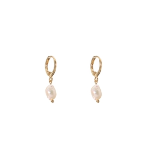 Elegant gold huggie hoop earrings with natural baroque pearl drops on a white background