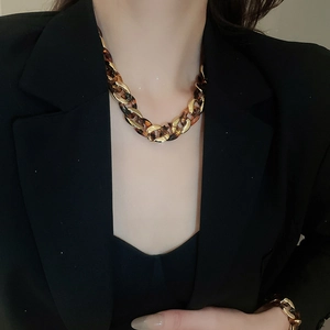 Close-up of leopard print acetate and gold chain links necklace on female model neck