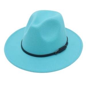 Close-up of sky blue fedora wool hat featuring a black leather belt with silver buckle