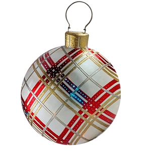 Detailed view of a white 60cm Christmas inflatable ball with red and gold plaid pattern