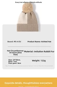Tableau des tailles détaillé pour bonnet en tricot bicolore avec pompon en fourrure