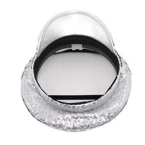 Top view detail of a silver sequined captain hat with sparkling rhinestones for festivals