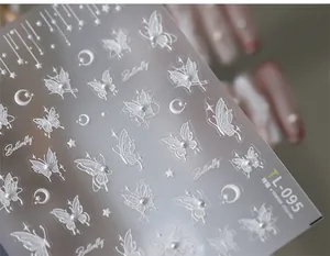 Macro detail of 5D embossed butterfly nail stickers with 3D pearls and star motifs