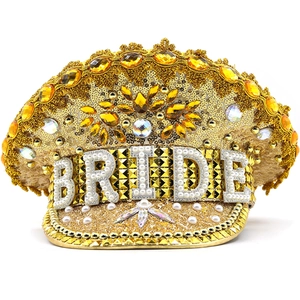 Golden Bride Captain Hat Luxury Sequin Rhinestone Faux Artificial Pearl Sparkling Military Party Wedding Accessory Women