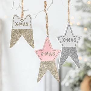 Christmas Tree Hanging Ornaments Wooden Plastic Star Wing Shape With Glitter Powder And Hemp Rope X-MAS Festive Decor