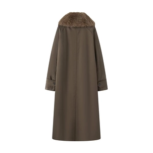 Women's brown long reversible faux fur coat with fluffy collar on white background