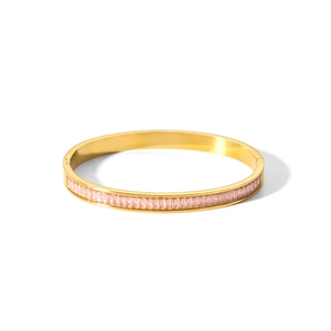 Gold plated stainless steel bracelet featuring pink baguette cut zircon stones for women